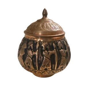 Antique Handmade Persian Middle East Turkish Tin Jar Box Metal Copper Engraved